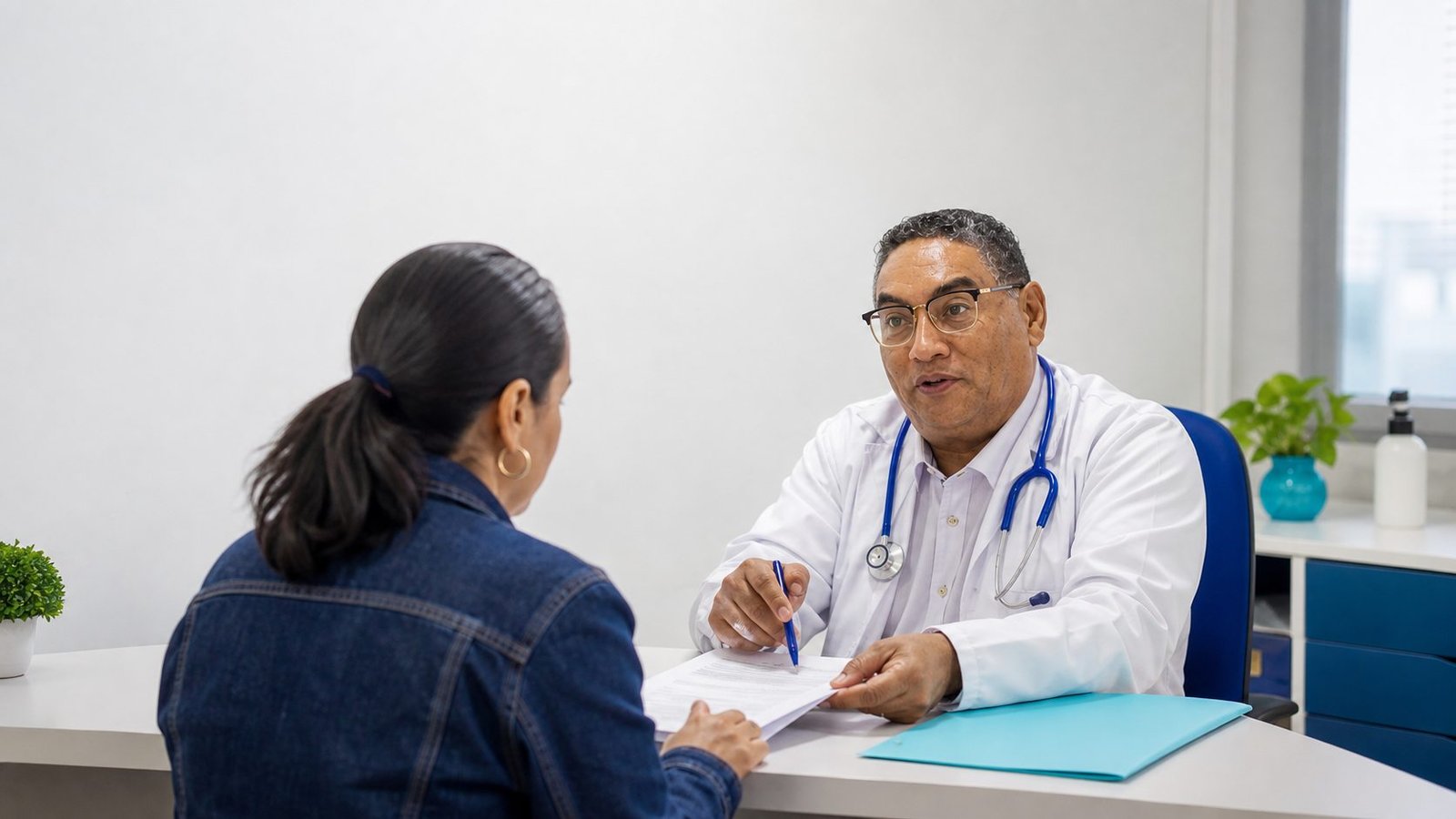 Geovanis Vergara orientando a una paciente sobre trámites de salud