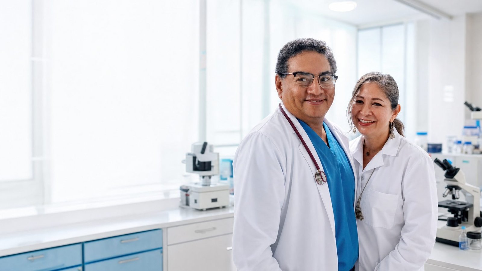 Geovanis Vergara Márquez y Elena Meléndez en un laboratorio clínico