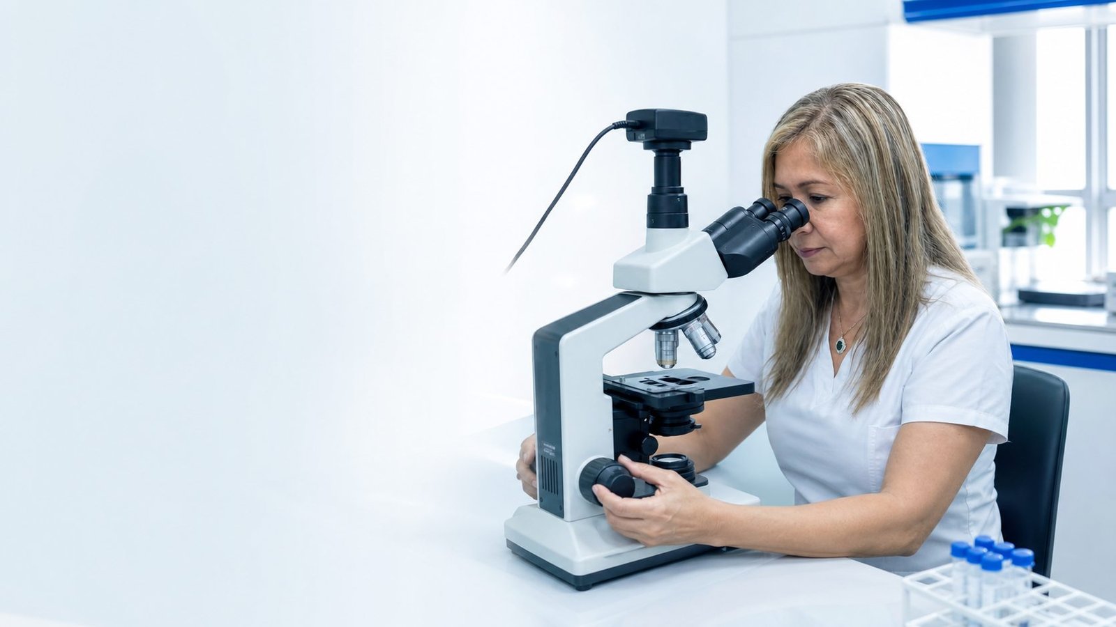 Profesional del laboratorio clínico trabajando con un microscopio