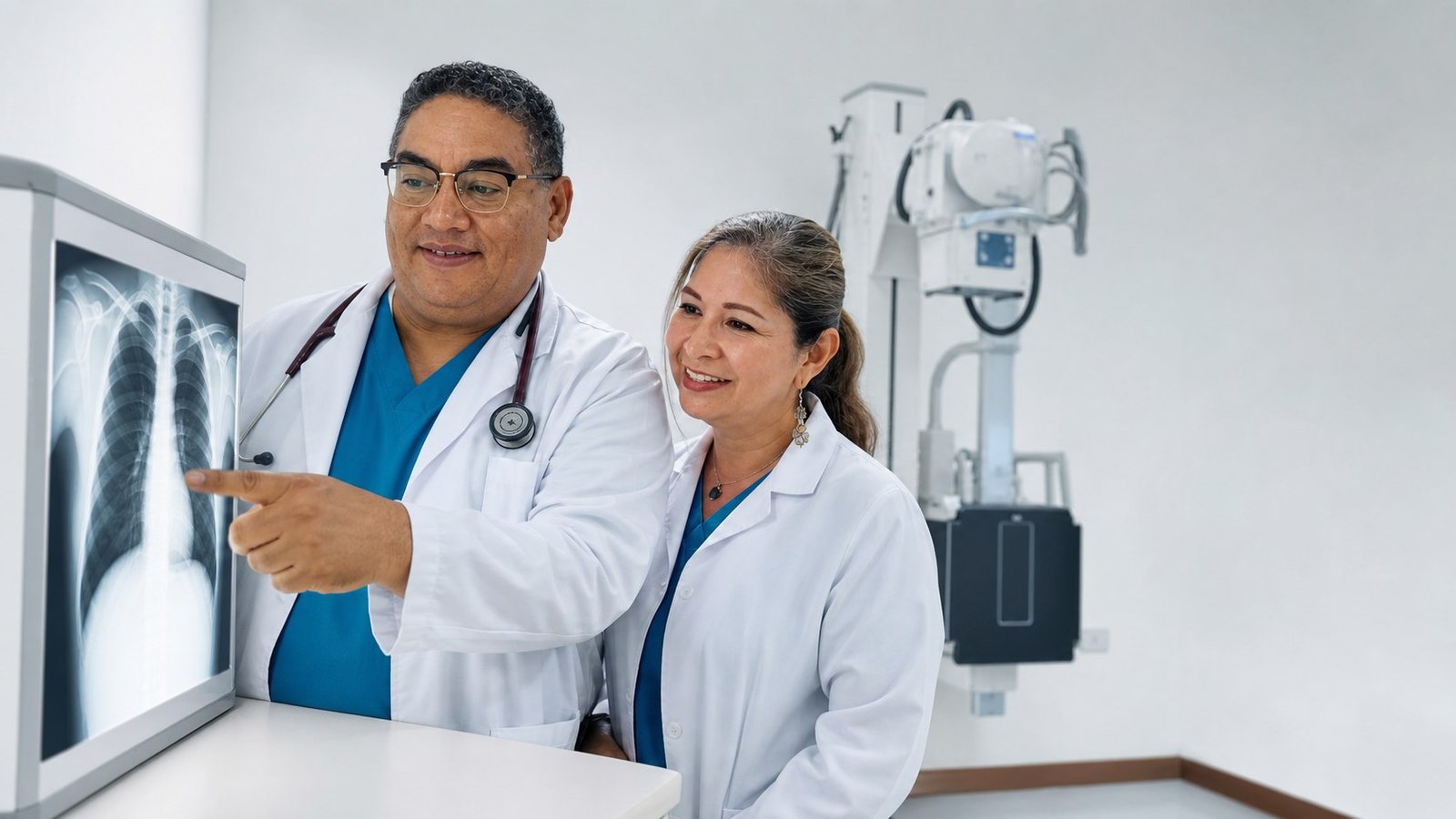 Geovanis Vergara y Elena Meléndez revisando una radiografía de tórax en el servicio de rayos X